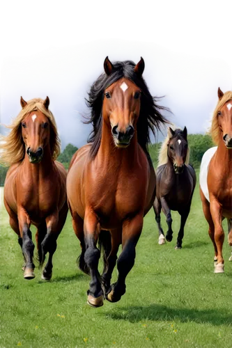 Wild horses, galloping, majestic, free spirit, long manes, flowing tails, robust bodies, muscular legs, fierce eyes, open mouths, running in herd, green meadow, sunny day, soft focus, warm lighting, c