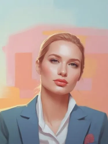 A perfect woman.,digital portrait of an attractive young woman in a blue jacket,wpap,overpainting,portrait background,world digital painting,digital painting,blur office background,Illustration,Vector