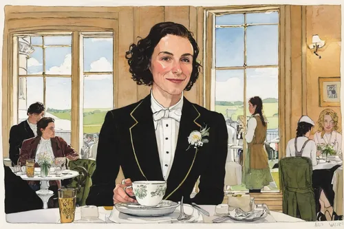 Simon Wright - Bettys Tearoom at the Harrison Lord Gallery,woman drinking coffee,jane austen,tea card,woman at cafe,tearoom,coffee tea illustration,woman holding pie,café au lait,tea service,victorian