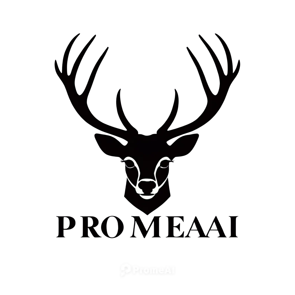 Flat, minimalist vector graphic in black, Logo for Promeai on the theme of a deer, logo style, white background, with text "promeai",proa,meat products,company logo,pioneer badge,logodesign,automotive