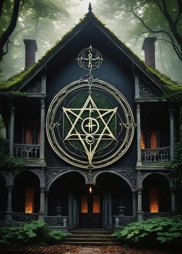 Mysterious, ancient, mystical sigil, intricate symbol, ornate details, geometric patterns, curved lines, sharp edges, glowing runes, pulsing aura, eerie ambiance, abandoned mansion, Gothic architectur