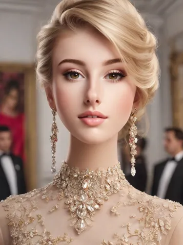 gorgeous blonde lady, with a posh updo hairstyle and extra trendy designer clothes, photorealistic.,bridal jewelry,bridal accessory,realdoll,elegant,bridal clothing,elegance,fashion doll,doll's facial