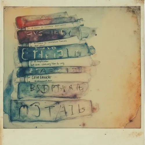 multilingual watercolor paint tubes,a stack of books with names written on them,old letters,labels,vintage labels,vials,postal elements,tapes,Photography,Documentary Photography,Documentary Photograph