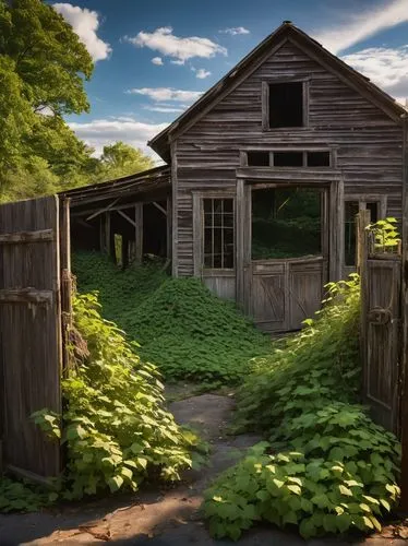 garden shed,farmstead,overgrowth,saltbox,cottage garden,shed,lostplace,abandoned place,springhouse,appleworks,sheds,summer cottage,outbuildings,woodshed,outbuilding,dooryard,farmstand,green meadow,abandoned house,homestead,Illustration,Realistic Fantasy,Realistic Fantasy 18