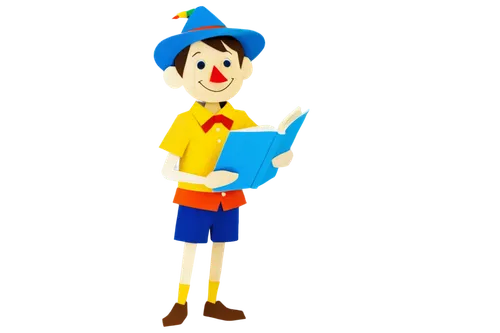 Pinocchio, wooden puppet, blue hat, yellow shirt, red shorts, large nose, bright eyes, smiling face, holding a book, standing pose, warm lighting, soft focus, 3/4 composition, cartoon style, vibrant c