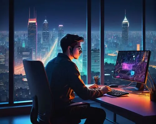 night administrator,cybertrader,man with a computer,blur office background,computer workstation,cyberpunk,neon human resources,cyberscene,computer graphic,computer business,cybercafes,cybercriminals,cybertown,modern office,deskpro,working space,cybersquatters,computer graphics,cyberport,thinkcentre,Art,Artistic Painting,Artistic Painting 41