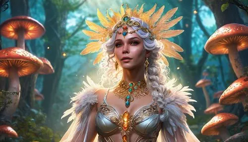 Sheila Beckett inspired art, mystical fantasy female character, glowing ethereal skin, intricate tribal tattoos on arms and chest, curly silver hair, elaborate headdress with feathers and gems, ornate