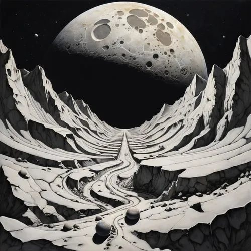 lunar landscape,lunar,phase of the moon,moon phases,moonscape,yinyang,Illustration,Black and White,Black and White 25