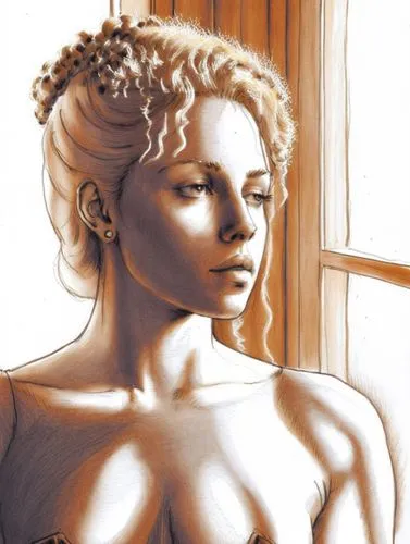 simple drawing of a woman with blonde hair in a dress near a window,a painting of a woman standing next to a window,giorno,clytie,lucretia,farnese,canova,lalonde,Conceptual Art,Fantasy,Fantasy 27