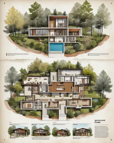 (interior design plan:1.3) of a modern house community, inspired byi, modernism, build in a forest near of a lake, wooden, andrei riabovitchev symmetrical, glass windows, integrated in the mountains,h