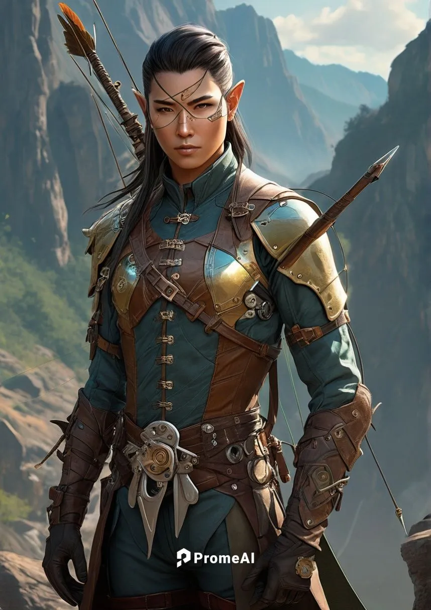 亞洲女性，在高山喝咖啡,a woman in armor stands in front of mountains,female warrior,mulan,zarina,male elf,jiangdong,jiangyong,Conceptual Art,Fantasy,Fantasy 25