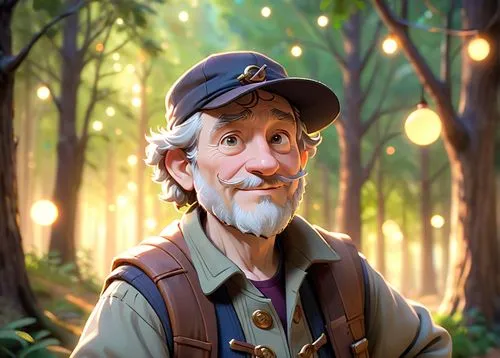 A 45 year old man, he is a forester,a painting of an elderly man with a baseball cap on,spielberg,auberjonois,farmer in the woods,radagast,tadashi,scoutmaster,Anime,Anime,Cartoon