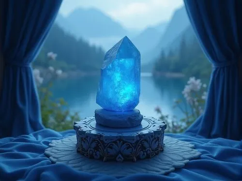 sapphire blue, calming ambiance, serene atmosphere, healing crystal, ornate pedestal, velvet drapes, mystical aura, subtle glow, soft focus, gentle lighting, misty background, foggy mountains, peacefu