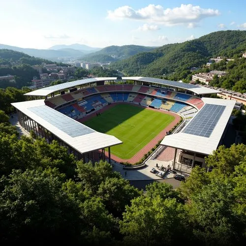 Panoramic stadium view, lush green hills, surrounding landscape integration, natural stone seating, curved lines, modern architecture, cantilevered roofs, transparent glass facades, minimalist design,