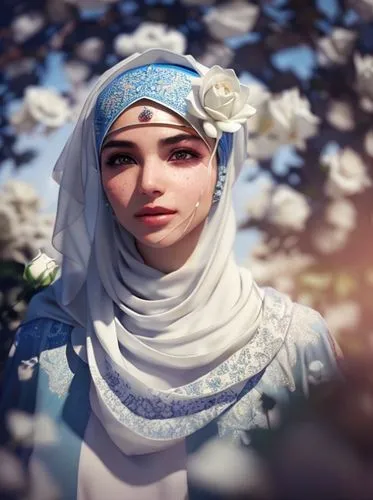 women wearing white hijab with white rose and white bokeh with blue sky ,arabian,sultana,white blossom,hijaber,rem in arabian nights,islamic girl,the prophet mary,suit of the snow maiden,girl in flowe