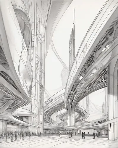 arcology,superhighways,unbuilt,futuristic architecture,skybridge,megastructures,megastructure,skyways,guideways,megaproject,overpass,spaceports,vanishing point,superstructures,spaceport,interchanges,transbay,aerobridges,skyrail,futuristic landscape,Illustration,Black and White,Black and White 30