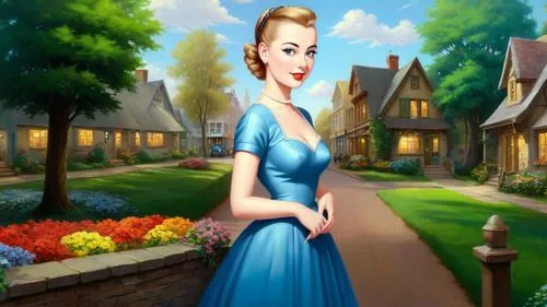 Romantic masterpiece oil painting, cute girl portrait, nostalgic 1950's style kitsch, rural suburban town landscape, beautiful scenery, by Thomas Kinkade, by Bob Ross,cinderella,dorthy,princess anna,c