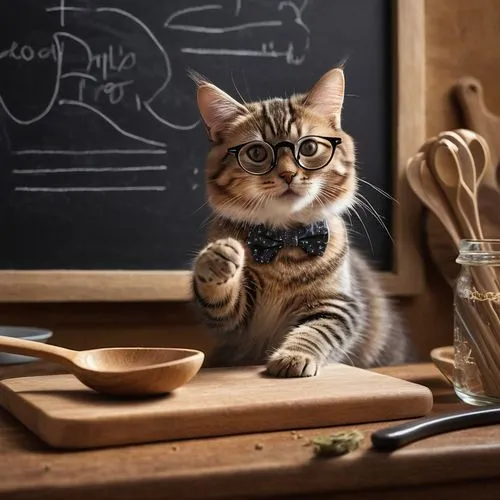 Hyperrealistic image, a cat wearing glasses, holding a small wooden spoon standing in front of a blackboard teaching a kitten, on the blackboard there is mouse sketch and writing that reads "how to ca