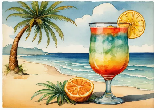 Create a vibrant travel clipart featuring a sunny beach, palm trees, and a cocktail glass.,tropical drink,watercolor cocktails,rum swizzle,fruitcocktail,tequila sunrise,blue hawaii,coctail,colored pen