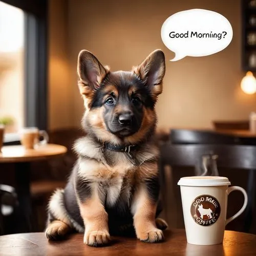 CUTE fluffy german shepperd PUPPY is sitting before a coffee cupwith a big speech bubble with the sign " GOOD MORNING "
,make the day great,working dog,coffee background,gsd,cute puppy,coffee break,co