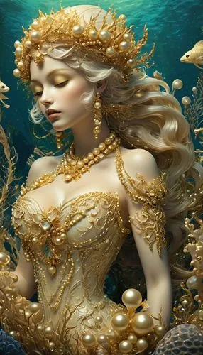 amphitrite,sirena,sirene,nereids,naiad,gold foil mermaid,the sea maid,naiads,nereid,water nymph,mermaid background,melusine,atlantica,fathom,god of the sea,mermaid,underwater background,frigga,galatea,merfolk,Illustration,Realistic Fantasy,Realistic Fantasy 02