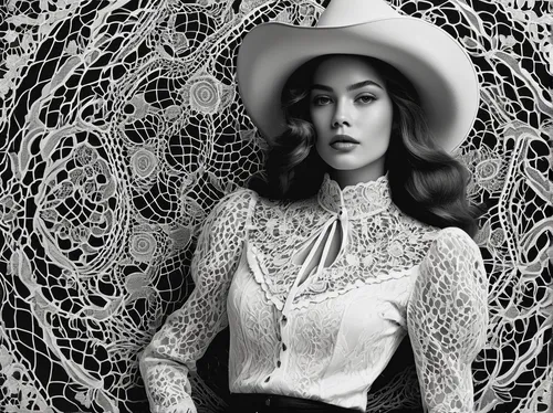 vintage lace,vintage woman,vintage fashion,feist,vintage women,doily,black and white photo,retro woman,denim and lace,macrame,sombrero,cowgirl,retro women,paper lace,lace,dita,hat vintage,vintage clothing,black-and-white,see-through clothing,Illustration,Black and White,Black and White 19