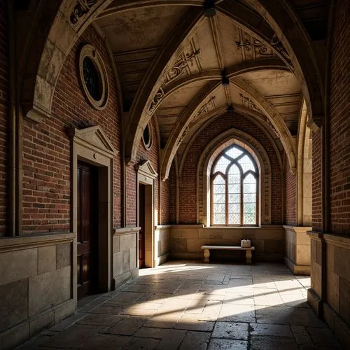 Ancient stone arches, rustic Romanesque style, weathered brick facades, ornate carvings, grand entranceways, vaulted ceilings, stained glass windows, intricate column capitals, worn stone floors, myst