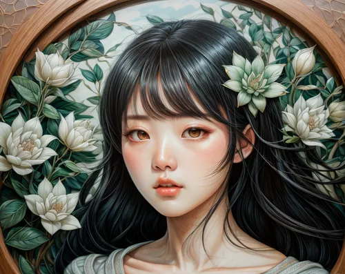 jasmine blossom,fantasy portrait,camellia,girl in a wreath,mystical portrait of a girl,flower frame,white blossom,girl in flowers,girl portrait,floral frame,blooming wreath,flora,camellia blossom,camellias,peony frame,lotus blossom,flower painting,wreath of flowers,oriental girl,portrait background