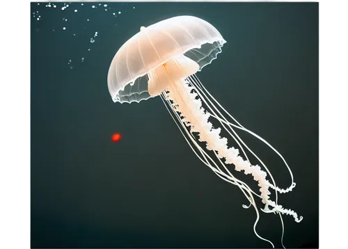 Transparent jellyfish, underwater scene, soft glowing bioluminescent lights, delicate umbrella-shaped bell, long trailing tentacles, translucent white body, subtle ocean currents, 3/4 composition, sha