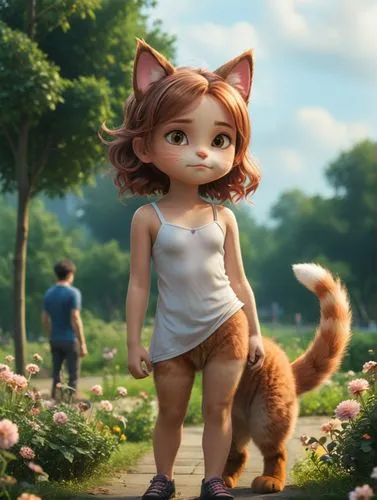 a girl with a cat ears stands in a park next to a man,a woman in a white tank top walking with a cat,cute cartoon character,kittani,monicagate,cartoon cat,garden-fox tail,little fox,Photography,Docume