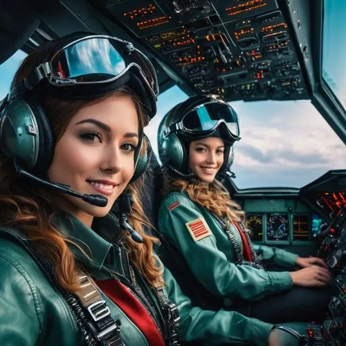 View from the back of the cockpit, wie  fish angle shot out of the cockpit of two gorgeous 39 years old female pilots in 2005 dark grey-green overals with black ornaments elaborate flight bomber gear,