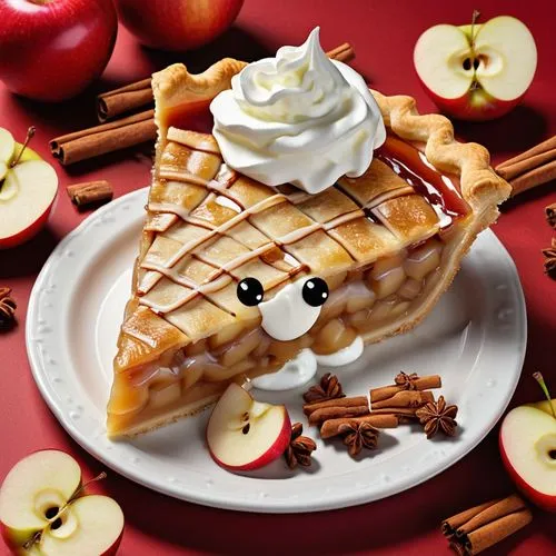 A cartoon kawaii apple pie slice with a smiling dollop of whipped cream, surrounded by a few cinnamon sticks and apple slices. The **Apple Harvest** palette adds warmth with Apple Red (#D64545) and Ca