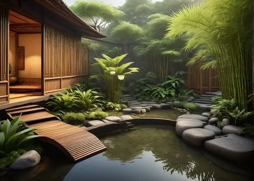 zen garden,onsen,japanese zen garden,ryokan,teahouse,bamboo plants,japanese-style room,bamboo forest,japanese garden ornament,japanese garden,ryokans,garden pond,hotspring,japan garden,asian architecture,teahouses,bathhouse,koi pond,fishpond,dojo,Illustration,Realistic Fantasy,Realistic Fantasy 24