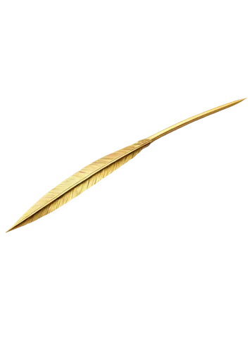 Golden arrow, metallic material, sharp tip, feathered tail, straight shape, detailed texture, realistic rendering, close-up view, soft focus, warm lighting, cinematic composition, shallow depth of fie