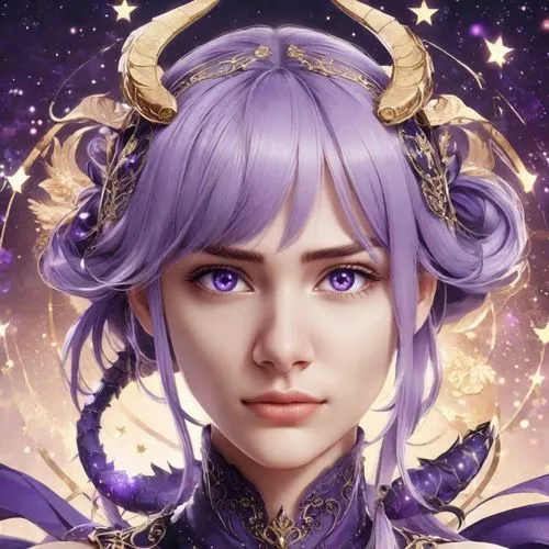 a woman wearing horns and purple clothing in front of stars,violet head elf,zodiac sign libra,libra,medusa,liliana,vaira