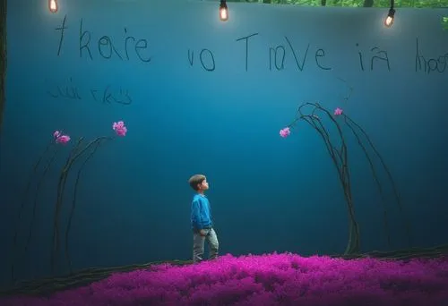 A boy in the middle of the woods, the trees have blue and pink flowers on them,Thare is Love in the Woods,drawing with light,children's interior,apichatpong,light paint,the little girl's room,light gr