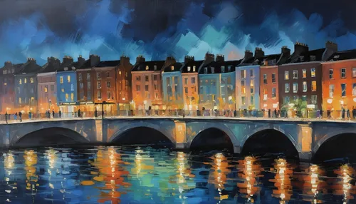 dublin,waterford,watercolor paris,ireland,night scene,london bridge,toulouse,angel bridge,city scape,city moat,arch bridge,illuminations,canals,grand canal,cork,blue hour,carol colman,oil painting on canvas,rome night,art painting,Conceptual Art,Oil color,Oil Color 10