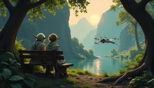 yavin,quadcopter,uncharted,romantic scene,neverland,sci fiction illustration,Conceptual Art,Sci-Fi,Sci-Fi 01