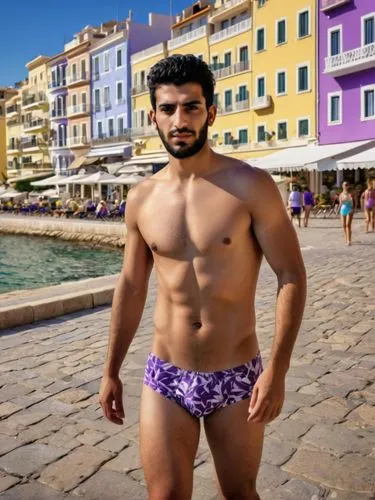 expand the scene to show more of the body and stone street,fitness model,grape turkish,swim brief,turkish,young model istanbul,turkey tourism,ayia napa,kapparis,male model,mykonos,beach background,man