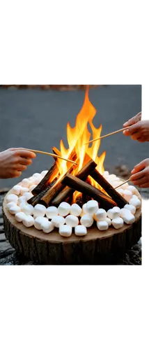 Campfire scene, warm glow, flames dancing upwards, rustic wooden logs, marshmallows roasting, skewers held by hands, golden hour lighting, shallow depth of field, cozy atmosphere, circular composition