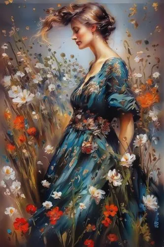 girl in flowers,girl in the garden,girl picking flowers,splendor of flowers,beautiful girl with flowers,flower painting,oil painting on canvas,oil painting,wreath of flowers,falling flowers,flora,girl