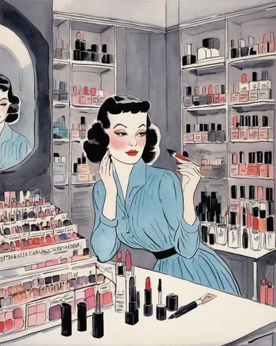 vintage makeup,women's cosmetics,beauty room,vintage illustration,cosmetic products,applying make-up,vintage 1950s,cosmetics,oil cosmetic,cosmetics counter,beauty products,make-up,beautician,creating perfume,beauty salon,dressing table,fifties,put on makeup,beauty product,gena rolands-hollywood,Illustration,Black and White,Black and White 22