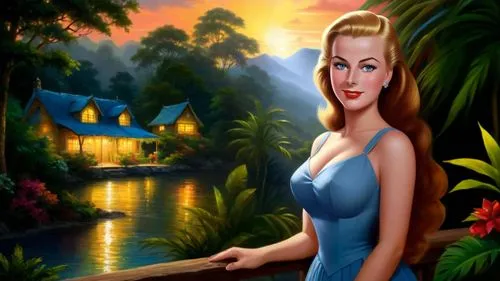 Romantic masterpiece oil painting, cute girl portrait, nostalgic 1950's style kitsch, vibrant rainforest landscape, lush tropical jungle paradise, summer beach vacation seaside cottage sunset scenery,