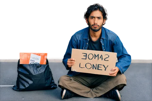 Homeless person, worn-out clothes, dirty beard, messy hair, tired eyes, sitting on street corner, holding cardboard sign, begging for money, urban background, afternoon sunlight, shallow depth of fiel