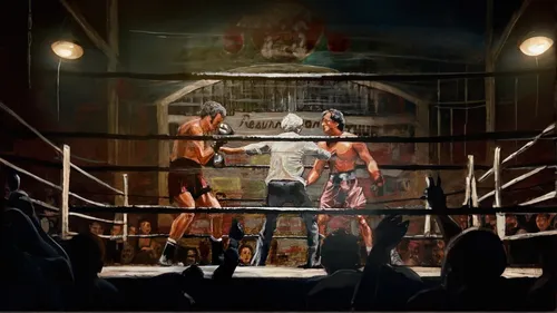 painting: 2 Boxers stands opposite ech other in a boxing ring inside a run down club, twilight, dirty and grimey atmosphere,boxing ring,chess boxing,muay thai,striking combat sports,lethwei,profession