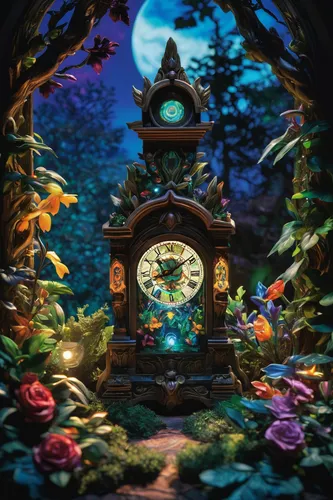 grandfather clock,clockmaker,four o'clock flower,clock,clocks,alice in wonderland,time spiral,four o'clocks,flow of time,world clock,wonderland,terrarium,old clock,fairy world,music box,clock face,time pointing,3d fantasy,out of time,time,Photography,Artistic Photography,Artistic Photography 02