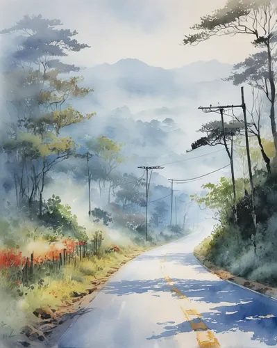 watercolor background,watercolor,watercolor painting,japan landscape,foggy landscape,watercolor paint,watercolor paint strokes,watercolor paper,watercolour,morning mist,watercolor blue,watercolors,watercolor pine tree,da lat,mountain road,watercolor sketch,rural landscape,huangshan maofeng,watercolor shops,water color,Illustration,Paper based,Paper Based 25