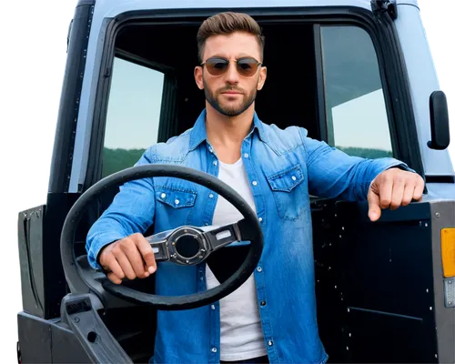 Semi-trailer truck, chrome wheels, silver body, large cargo container, rearview mirror, headlights, fog lights, license plate, muscular driver, sunglasses, short beard, denim shirt, leather gloves, ho