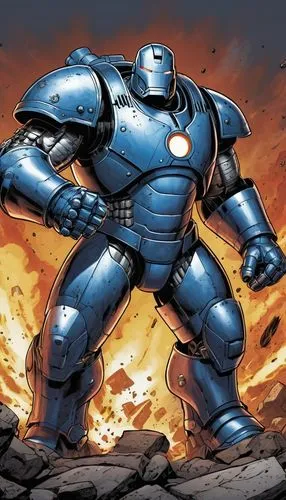 A 2D-comic portrait of Iron Monger in a dynamic combat pose, ready to fire his weapons. It has a helmet similar to the old Iron Man Mark 1 suit. ,Iron Monger,war machine,steel man,darkseid,iron,ironis