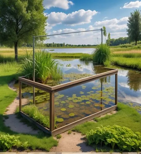 Background: Park, with a pond in the distance, middle spacer: wetland illustration {not a transparent board},wooden bridge,landscape background,wetland,pond plants,home landscape,moveable bridge,backg